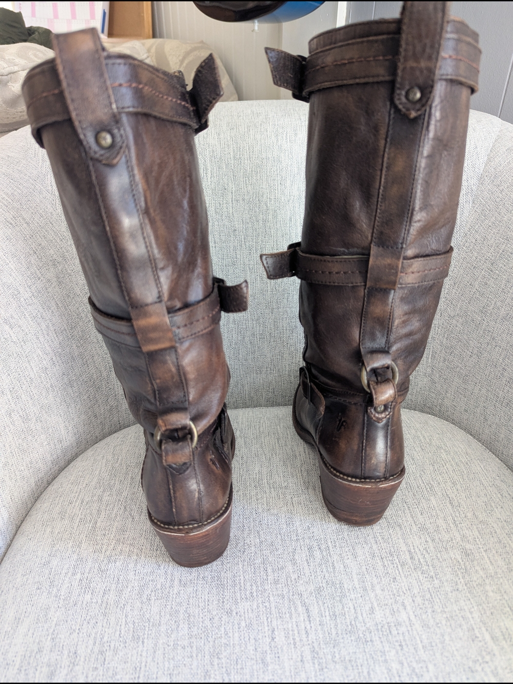 Frye Distressed Brown Leather Mid-Calf Buckle Heeled Boots - Picture 4 of 9